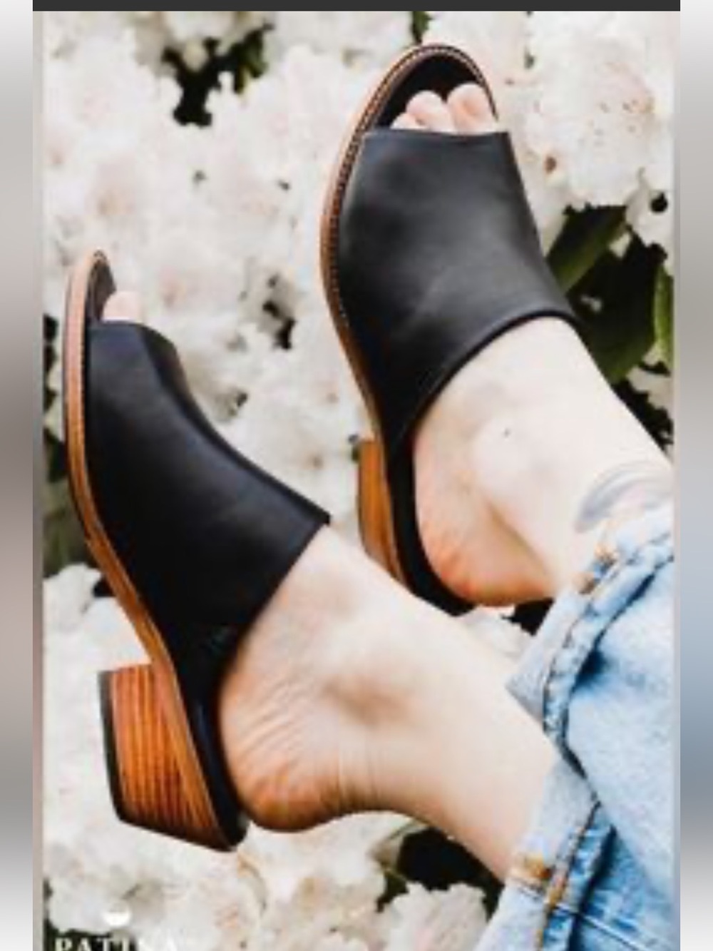 Portland Leather Patina Black Leather open toe slide sandals, stack heel size 8